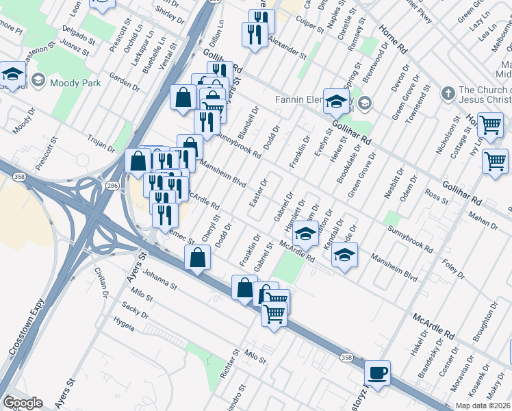 map of restaurants, bars, coffee shops, grocery stores, and more near 4818 Easter Drive in Corpus Christi