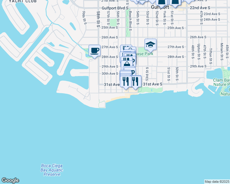 map of restaurants, bars, coffee shops, grocery stores, and more near 5665 Shore Boulevard South in Gulfport