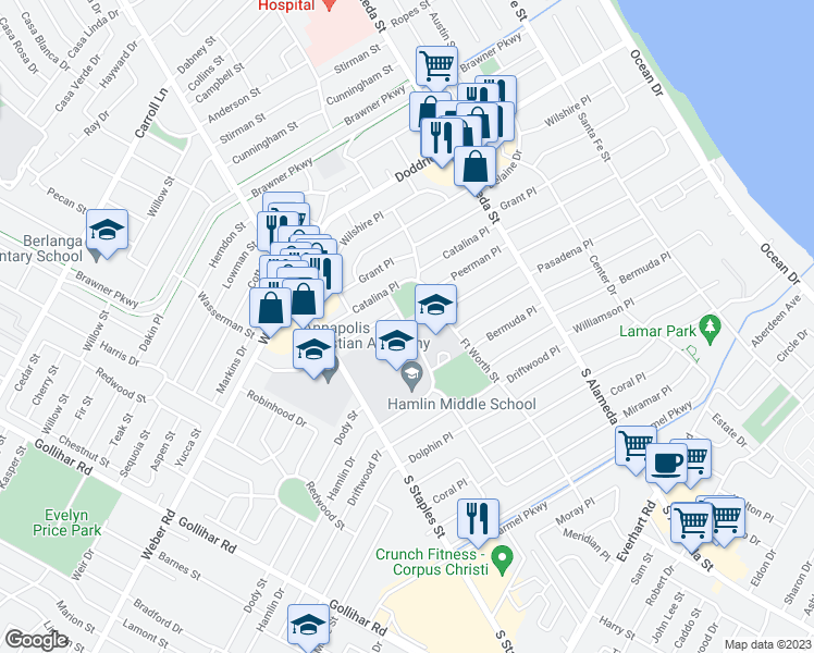 map of restaurants, bars, coffee shops, grocery stores, and more near 3901 Pope Drive in Corpus Christi