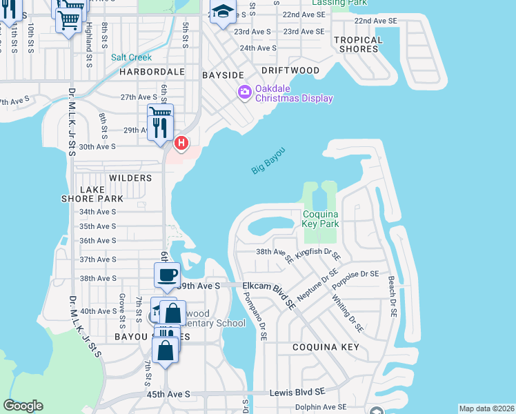 map of restaurants, bars, coffee shops, grocery stores, and more near 157 Pompano Drive Southeast in St. Petersburg