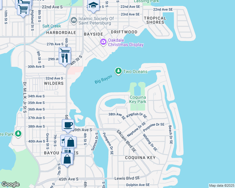 map of restaurants, bars, coffee shops, grocery stores, and more near 219 Pompano Drive Southeast in St. Petersburg