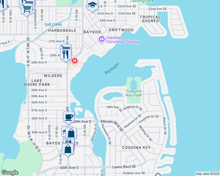 map of restaurants, bars, coffee shops, grocery stores, and more near 157 Pompano Drive Southeast in St. Petersburg