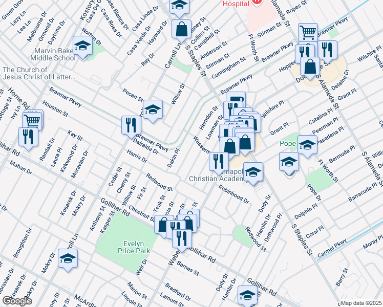 map of restaurants, bars, coffee shops, grocery stores, and more near 4126 Herndon Street in Corpus Christi