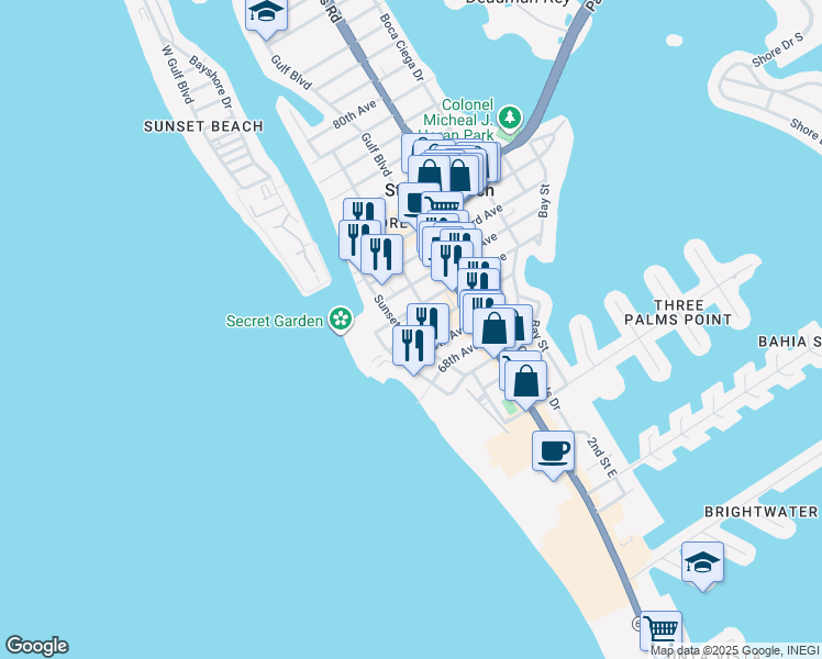 map of restaurants, bars, coffee shops, grocery stores, and more near 7050 Sunset Way in St. Pete Beach