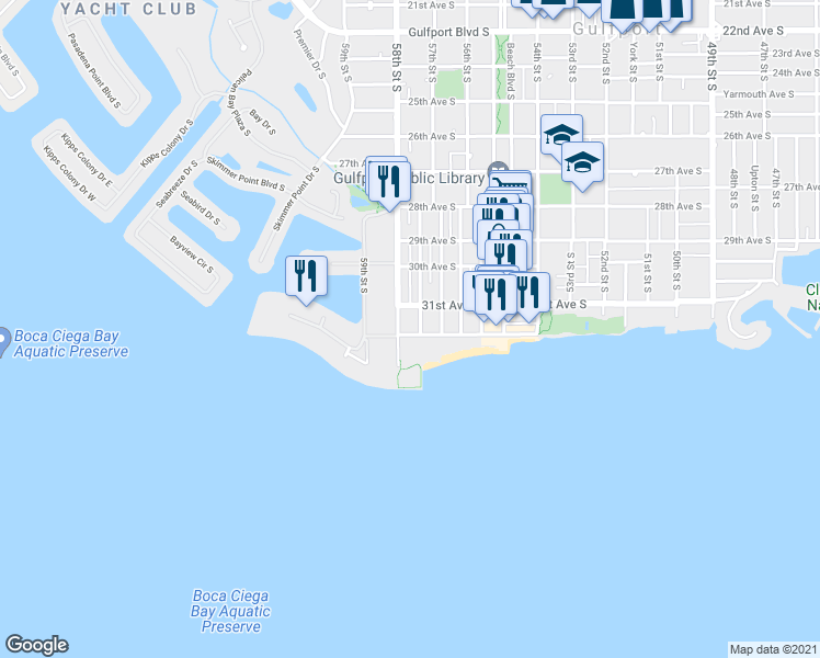 map of restaurants, bars, coffee shops, grocery stores, and more near 5731 Shore Boulevard South in Gulfport