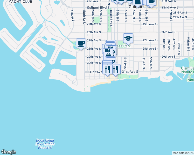 map of restaurants, bars, coffee shops, grocery stores, and more near 5665 Shore Boulevard South in Gulfport