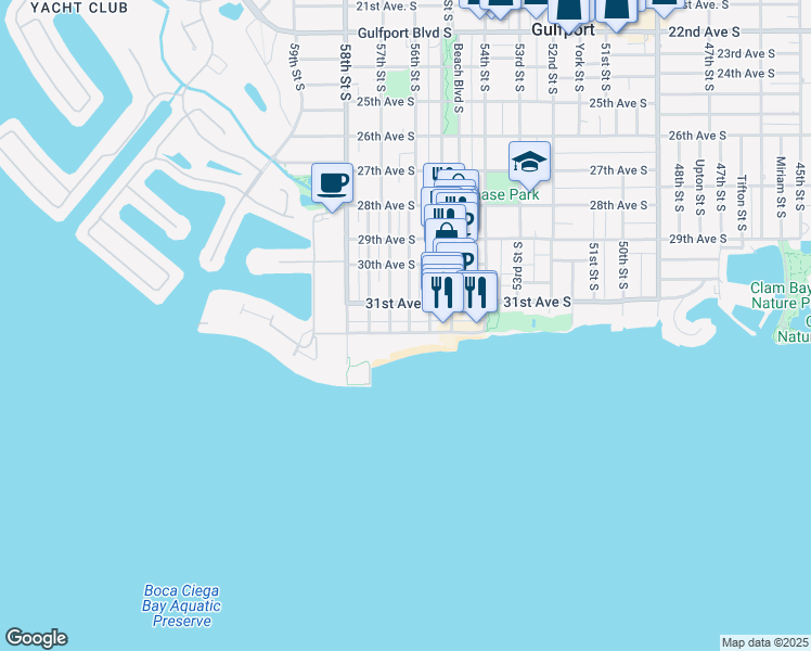 map of restaurants, bars, coffee shops, grocery stores, and more near 5665 Shore Boulevard South in Gulfport