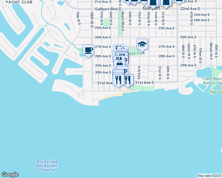 map of restaurants, bars, coffee shops, grocery stores, and more near 5665 Shore Boulevard South in Gulfport
