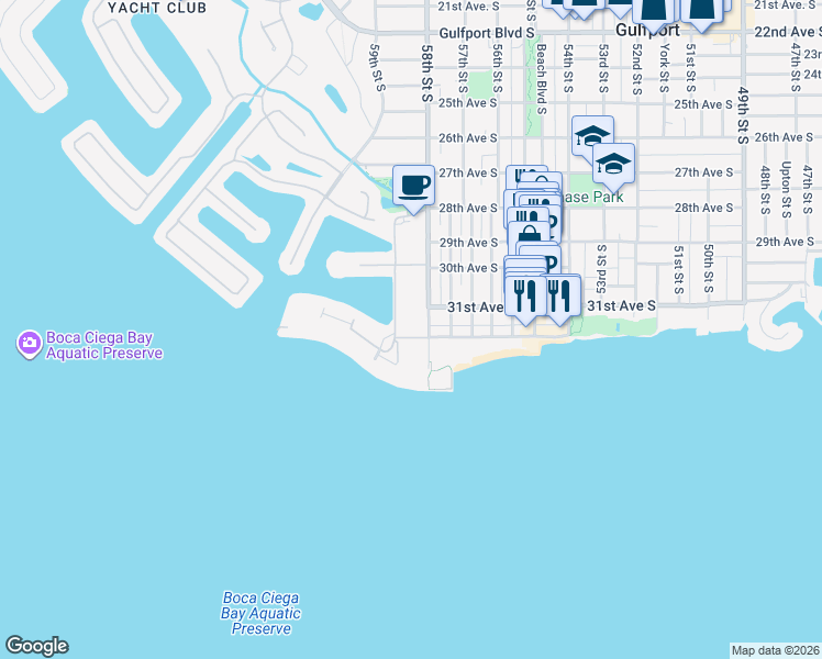 map of restaurants, bars, coffee shops, grocery stores, and more near 3128 59th Street South in Gulfport
