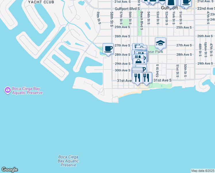 map of restaurants, bars, coffee shops, grocery stores, and more near 3128 59th Street South in Gulfport