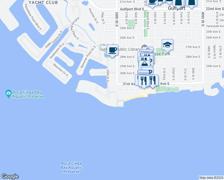 map of restaurants, bars, coffee shops, grocery stores, and more near 3128 59th Street South in Gulfport