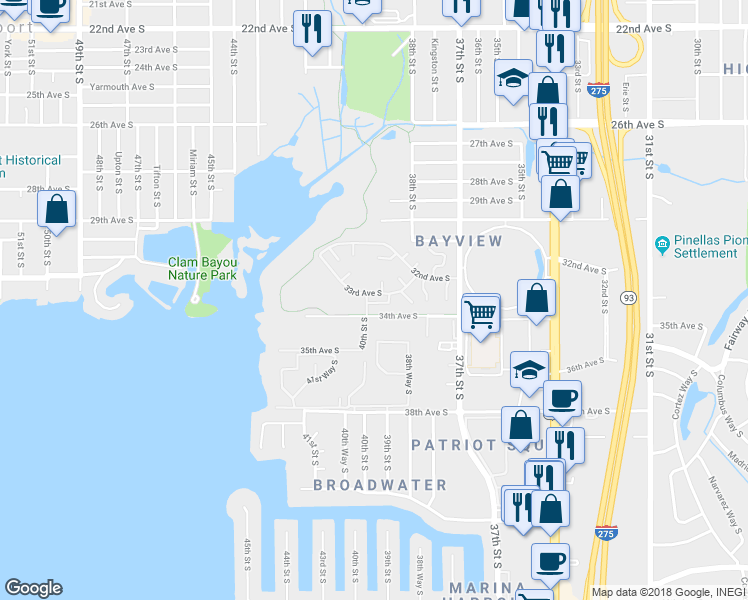 map of restaurants, bars, coffee shops, grocery stores, and more near 3383 39th Street South in Saint Petersburg