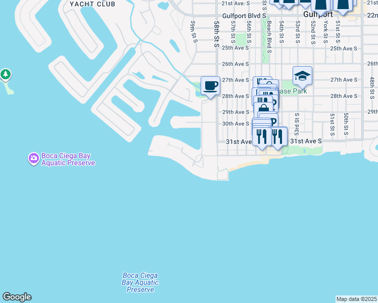 map of restaurants, bars, coffee shops, grocery stores, and more near 6015 Shore Boulevard South in Gulfport