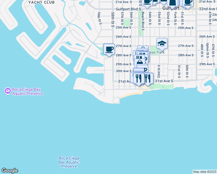 map of restaurants, bars, coffee shops, grocery stores, and more near 3128 59th Street South in Gulfport