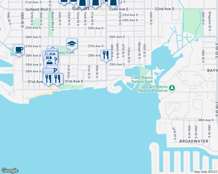 map of restaurants, bars, coffee shops, grocery stores, and more near 4749 Baywood Point South in Gulfport