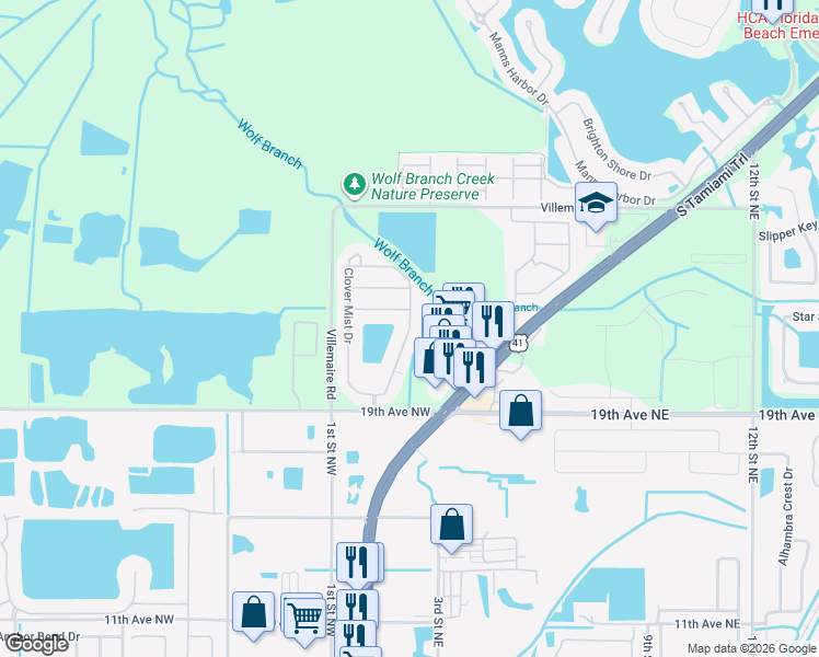 map of restaurants, bars, coffee shops, grocery stores, and more near Clover Mist Drive in Apollo Beach