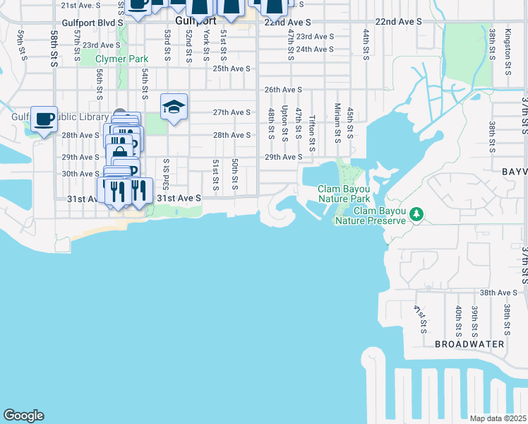 map of restaurants, bars, coffee shops, grocery stores, and more near 4749 Baywood Point South in Gulfport