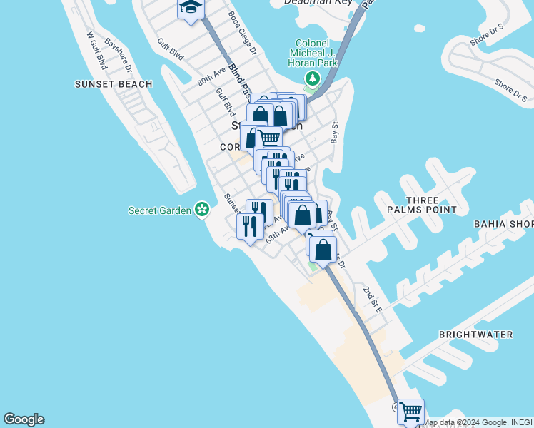 map of restaurants, bars, coffee shops, grocery stores, and more near 556 70th Avenue in Saint Pete Beach