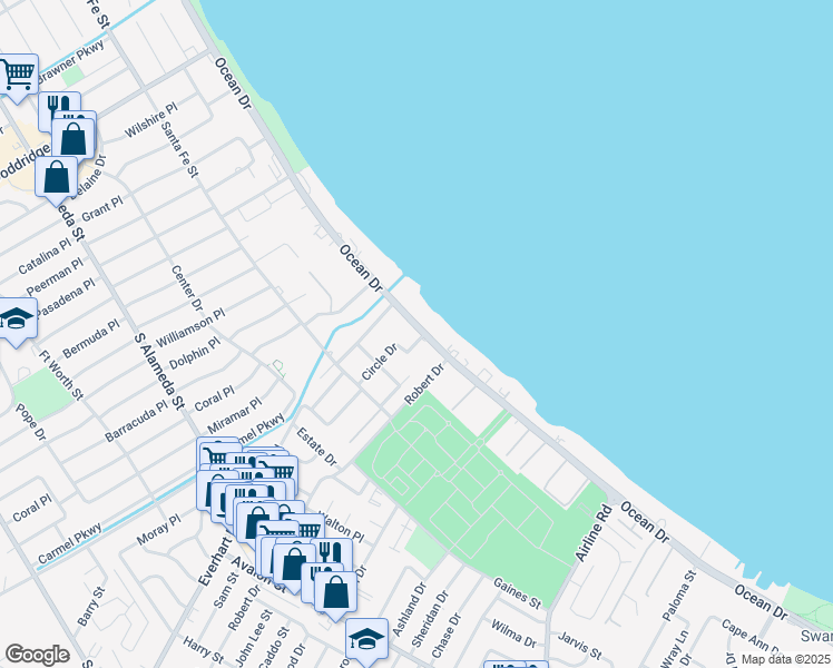 map of restaurants, bars, coffee shops, grocery stores, and more near 4243 Ocean Drive in Corpus Christi