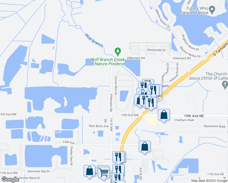 map of restaurants, bars, coffee shops, grocery stores, and more near 5109 Clover Mist Drive in Apollo Beach