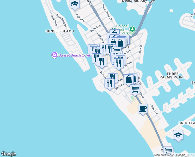 map of restaurants, bars, coffee shops, grocery stores, and more near 7150 Sunset Way in St. Pete Beach