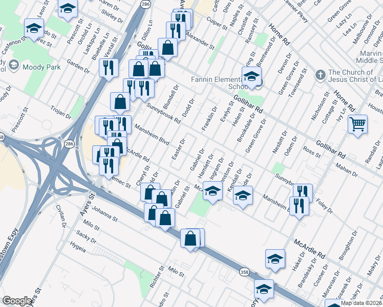 map of restaurants, bars, coffee shops, grocery stores, and more near 4750 Franklin Drive in Corpus Christi