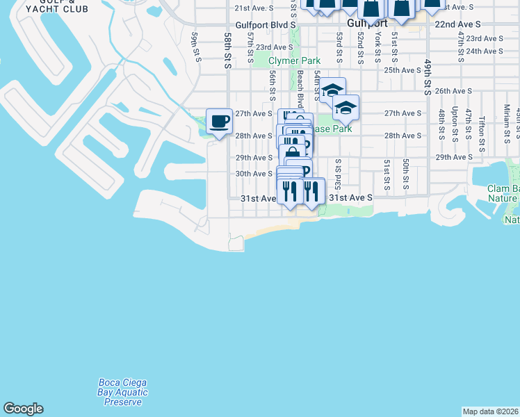 map of restaurants, bars, coffee shops, grocery stores, and more near 5665 Shore Boulevard South in Gulfport