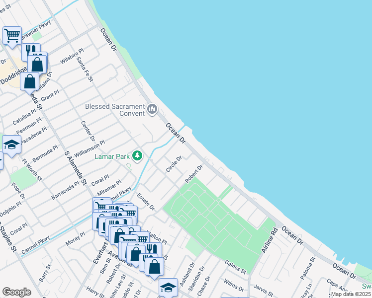 map of restaurants, bars, coffee shops, grocery stores, and more near 4243 Ocean Drive in Corpus Christi