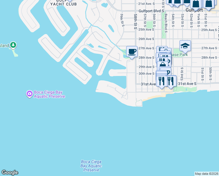 map of restaurants, bars, coffee shops, grocery stores, and more near 6020 Shore Boulevard South in Gulfport