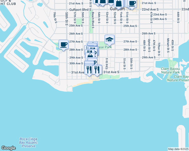 map of restaurants, bars, coffee shops, grocery stores, and more near 5413 Shore Boulevard South in Gulfport