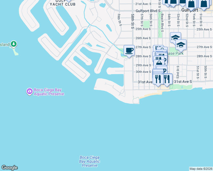 map of restaurants, bars, coffee shops, grocery stores, and more near 6020 Shore Boulevard South in Gulfport