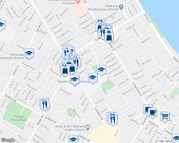 map of restaurants, bars, coffee shops, grocery stores, and more near 1010 Peerman Place in Corpus Christi
