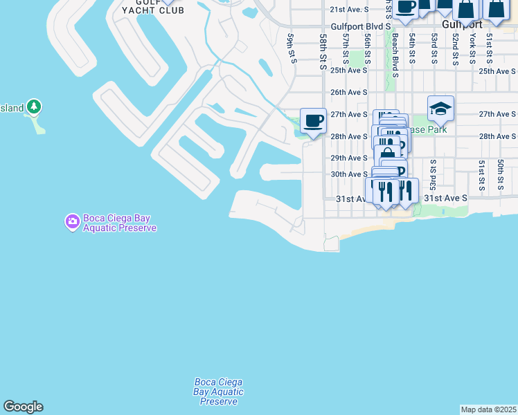 map of restaurants, bars, coffee shops, grocery stores, and more near 6020 Shore Boulevard South in Gulfport