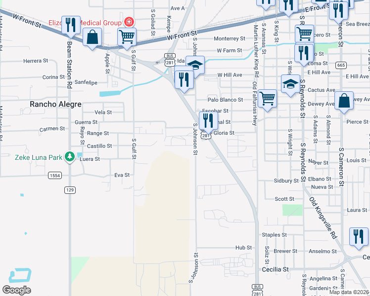 map of restaurants, bars, coffee shops, grocery stores, and more near 620 Esperanza Street in Alice