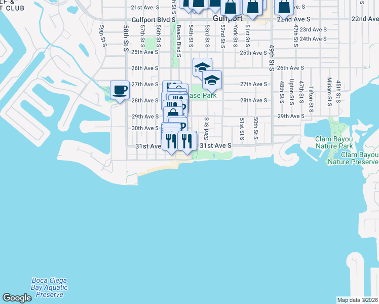map of restaurants, bars, coffee shops, grocery stores, and more near 5417 Essex Avenue South in Gulfport