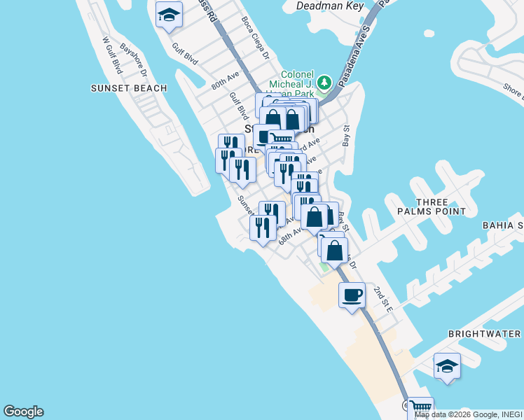 map of restaurants, bars, coffee shops, grocery stores, and more near 624 71st Avenue in St. Petersburg
