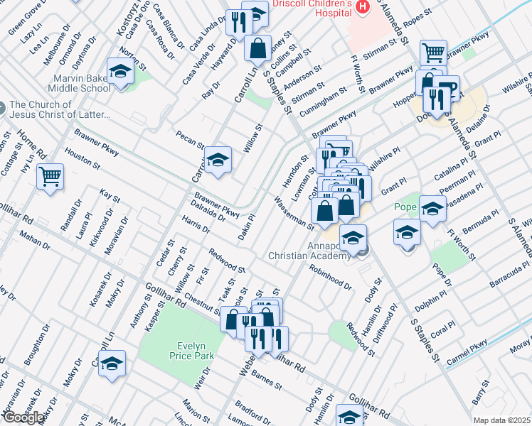 map of restaurants, bars, coffee shops, grocery stores, and more near 4126 Herndon Street in Corpus Christi