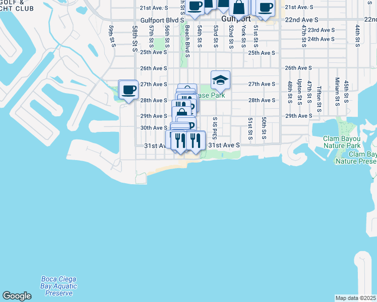 map of restaurants, bars, coffee shops, grocery stores, and more near 5413 Shore Boulevard South in Gulfport