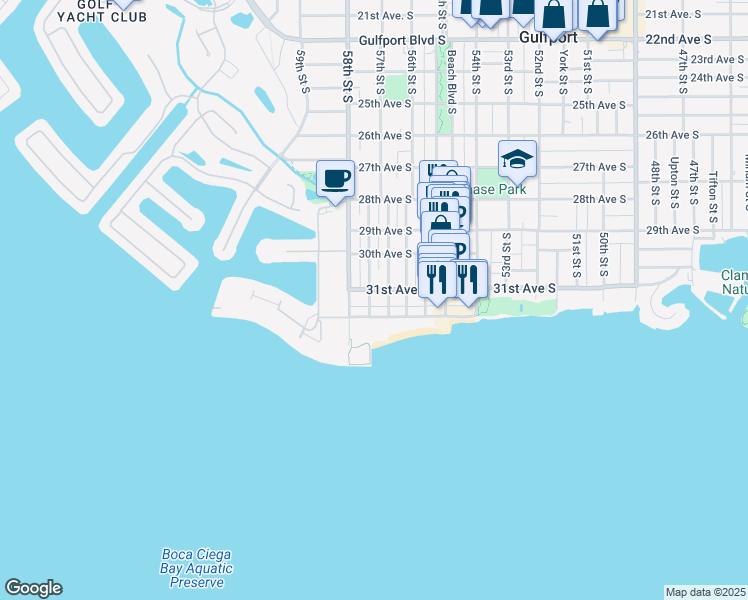 map of restaurants, bars, coffee shops, grocery stores, and more near 5731 Shore Boulevard South in Gulfport