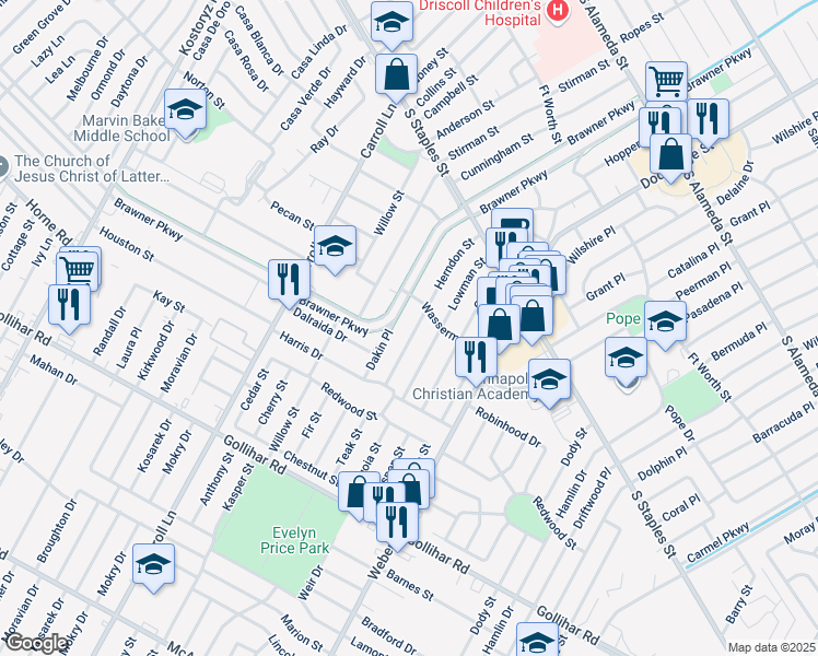 map of restaurants, bars, coffee shops, grocery stores, and more near 4126 Herndon Street in Corpus Christi