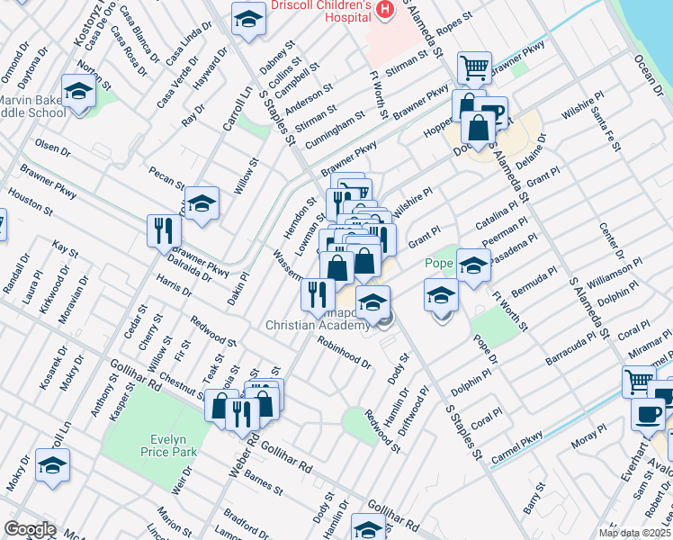 map of restaurants, bars, coffee shops, grocery stores, and more near 4014 Markins Drive in Corpus Christi