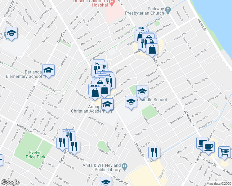 map of restaurants, bars, coffee shops, grocery stores, and more near 1038 Catalina Place in Corpus Christi