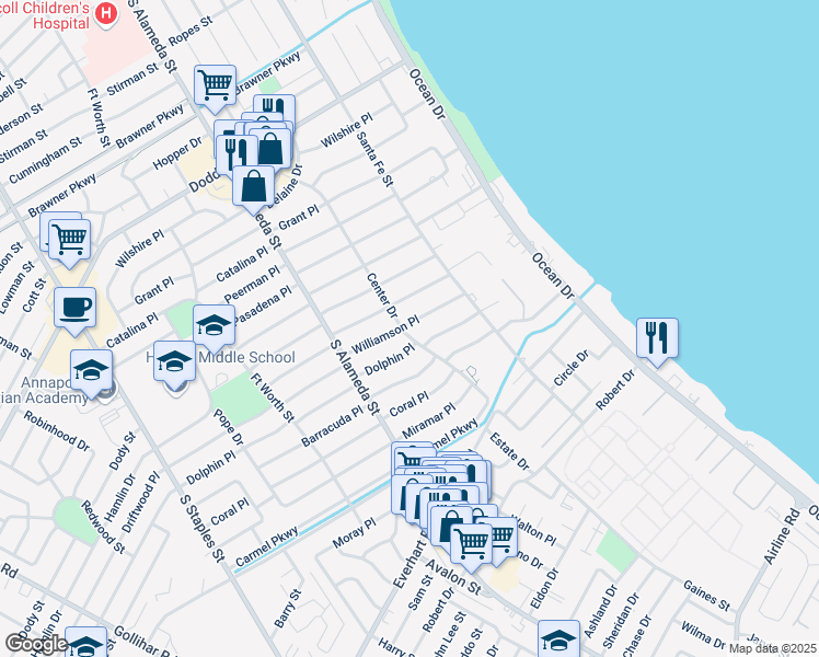map of restaurants, bars, coffee shops, grocery stores, and more near 360 Dolphin Place in Corpus Christi