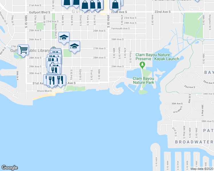 map of restaurants, bars, coffee shops, grocery stores, and more near 4749 Baywood Point South in Gulfport