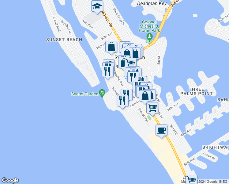 map of restaurants, bars, coffee shops, grocery stores, and more near 7050 Sunset Way in St. Pete Beach