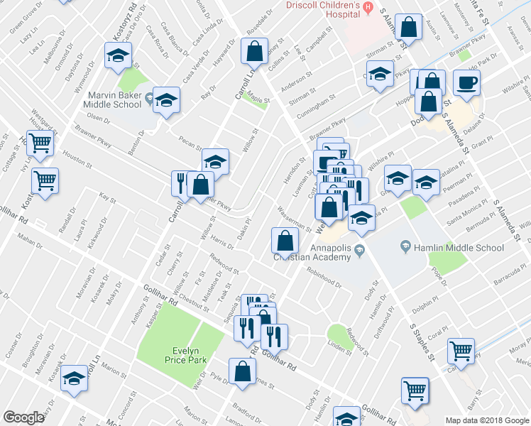 map of restaurants, bars, coffee shops, grocery stores, and more near 4126 Herndon Street in Corpus Christi
