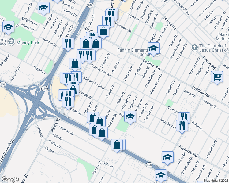 map of restaurants, bars, coffee shops, grocery stores, and more near 4750 Franklin Drive in Corpus Christi