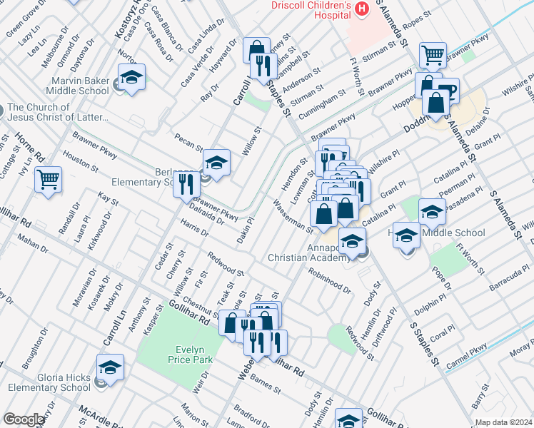 map of restaurants, bars, coffee shops, grocery stores, and more near 4117 Herndon Street in Corpus Christi