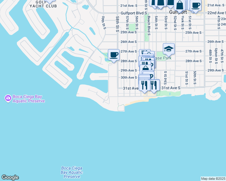 map of restaurants, bars, coffee shops, grocery stores, and more near 3128 59th Street South in Gulfport