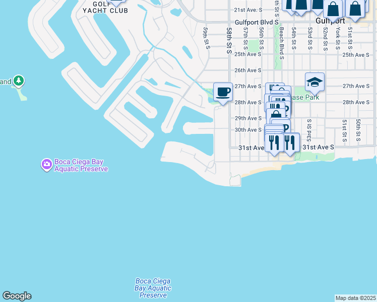 map of restaurants, bars, coffee shops, grocery stores, and more near 6025 Shore Boulevard South in Gulfport